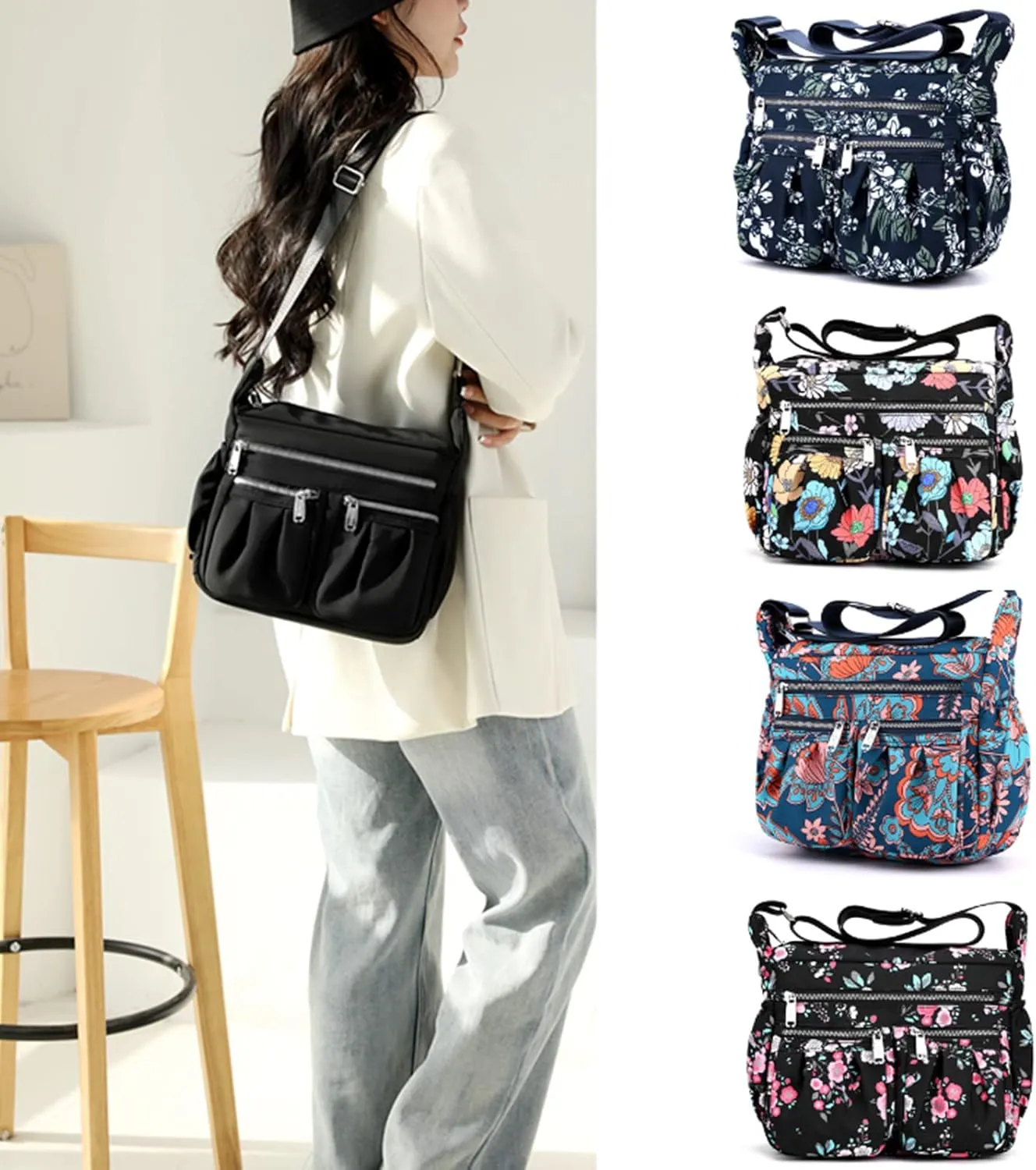 Crossbody Bags for Women Multiple Pockets Shoulder Handbag Casual Nylon Lightweight Purse