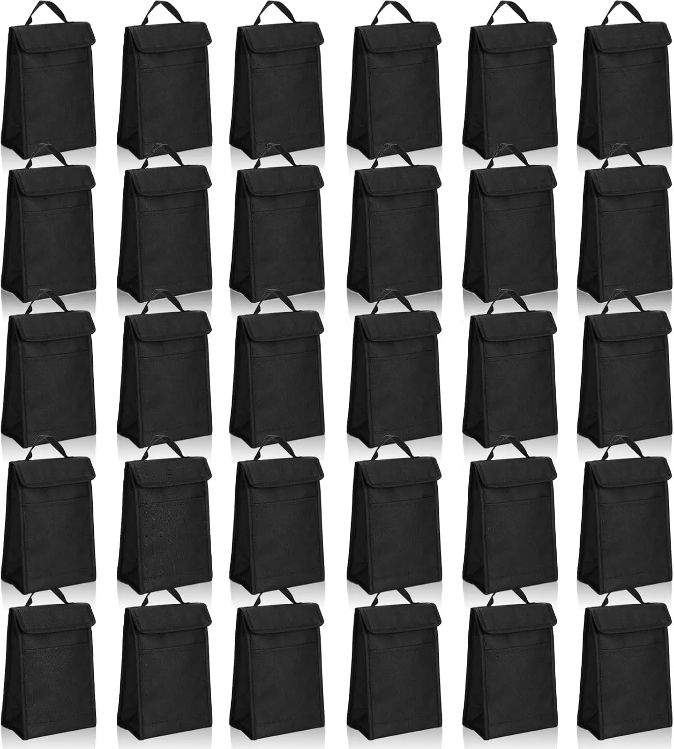 Cunno 30 Pcs Hook and Loop Insulated Bags for lunch Bulk Black Reusable Cooler Bags Waterproof Bags Bulk with Foil Thermal for Women Men Office Picnic Travel