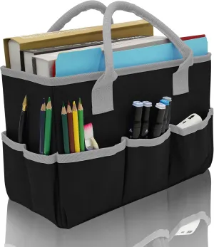 Cupohus Art Organizer Craft Storage Tote Bag with Pockets and Hadles, Oxford Fabric Carrying Caddy for Teacher, Officer, Artist, Students, Traveler, and more – Black with Grey Edge