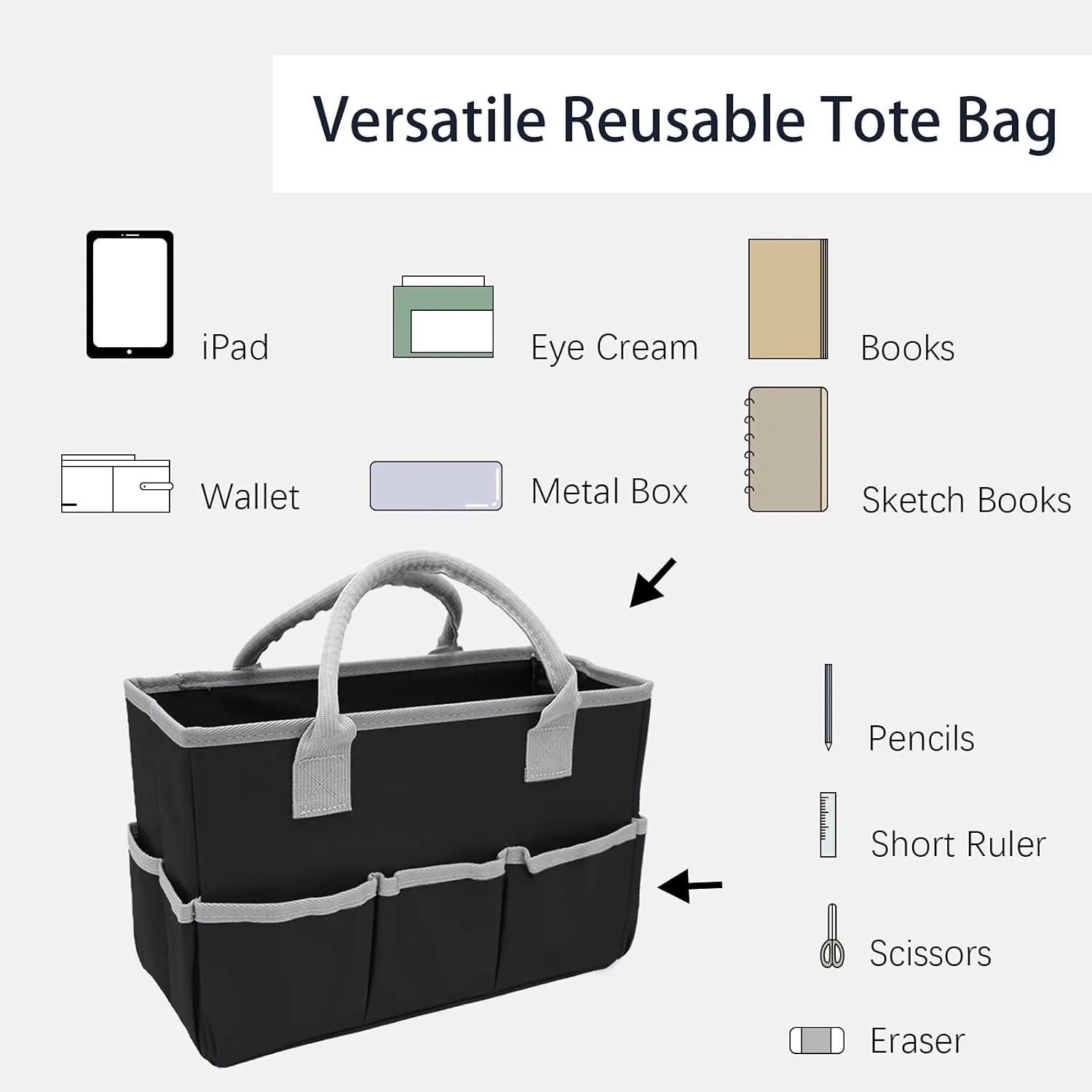 Cupohus Art Organizer Craft Storage Tote Bag with Pockets and Hadles, Oxford Fabric Carrying Caddy for Teacher, Officer, Artist, Students, Traveler, and more – Black with Grey Edge