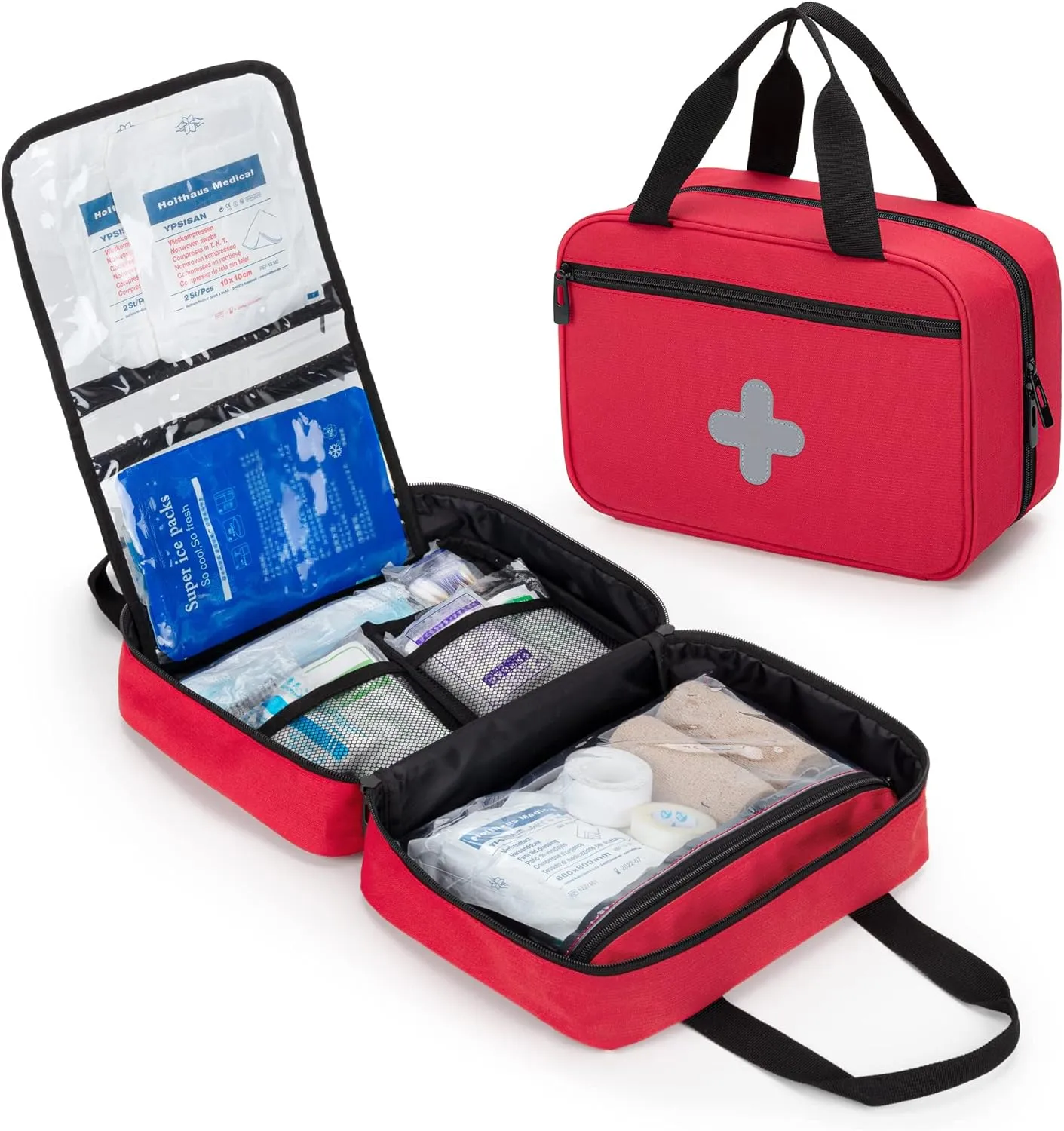 CURMIO Small First Aid Bag, Empty Emergency Trauma Kit Organizer Bag for Hiking, Camping, Car, Travel, Home and Outdoor, Red, BAG ONLY, Patent Pending