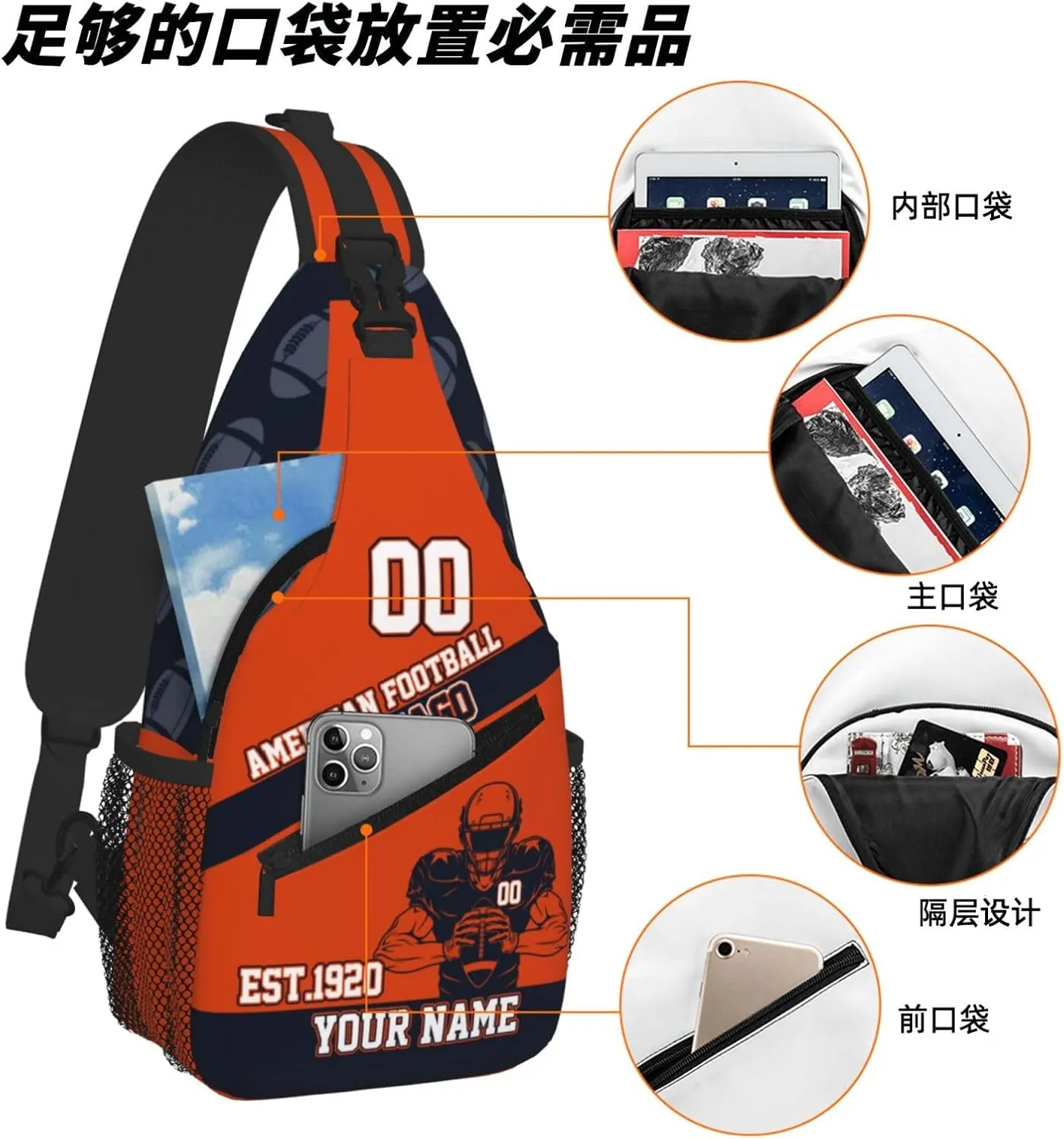 Custom Football Sling Bag Chicago Style Crossbody Bags Personalized Name And Number Shoulder Backpack Lightweight Chest Pack for Sports/Travel/Gifts