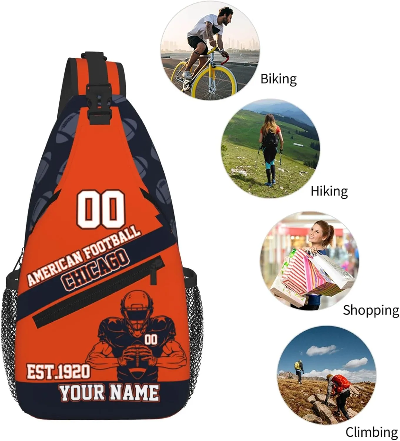 Custom Football Sling Bag Chicago Style Crossbody Bags Personalized Name And Number Shoulder Backpack Lightweight Chest Pack for Sports/Travel/Gifts