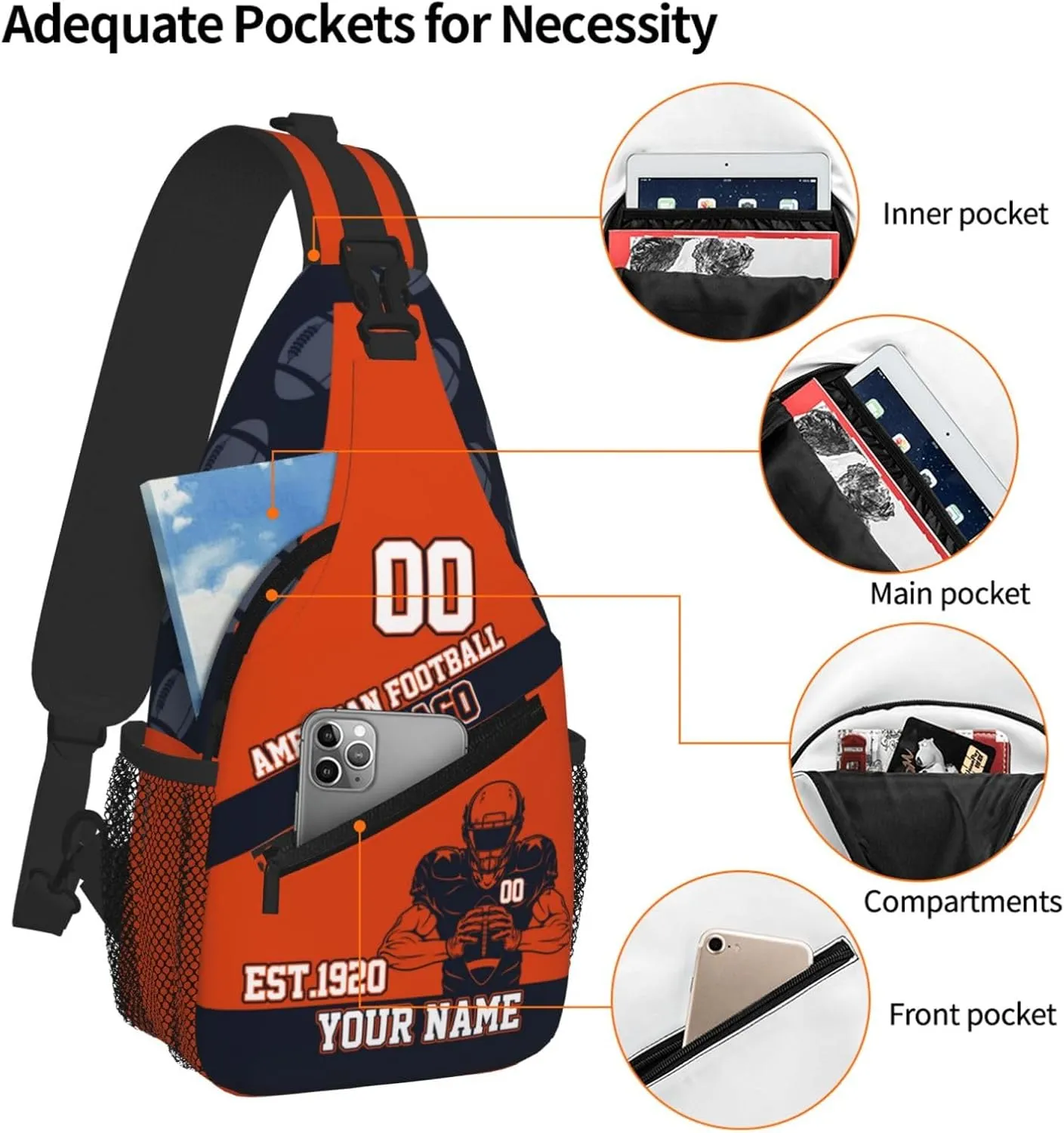 Custom Football Sling Bag Chicago Style Crossbody Bags Personalized Name And Number Shoulder Backpack Lightweight Chest Pack for Sports/Travel/Gifts