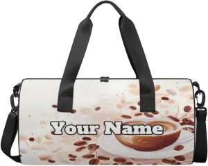 Custom Gym Bag for Women Men with Name, Personalized Cute Coffee Duffel Bag for Sports, Waterproof Dance Bag, Lightweight Carryon Gym Bag, Coffee