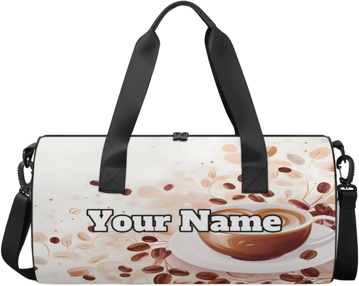 Custom Gym Bag for Women Men with Name, Personalized Cute Coffee Duffel Bag for Sports, Waterproof Dance Bag, Lightweight Carryon Gym Bag, Coffee