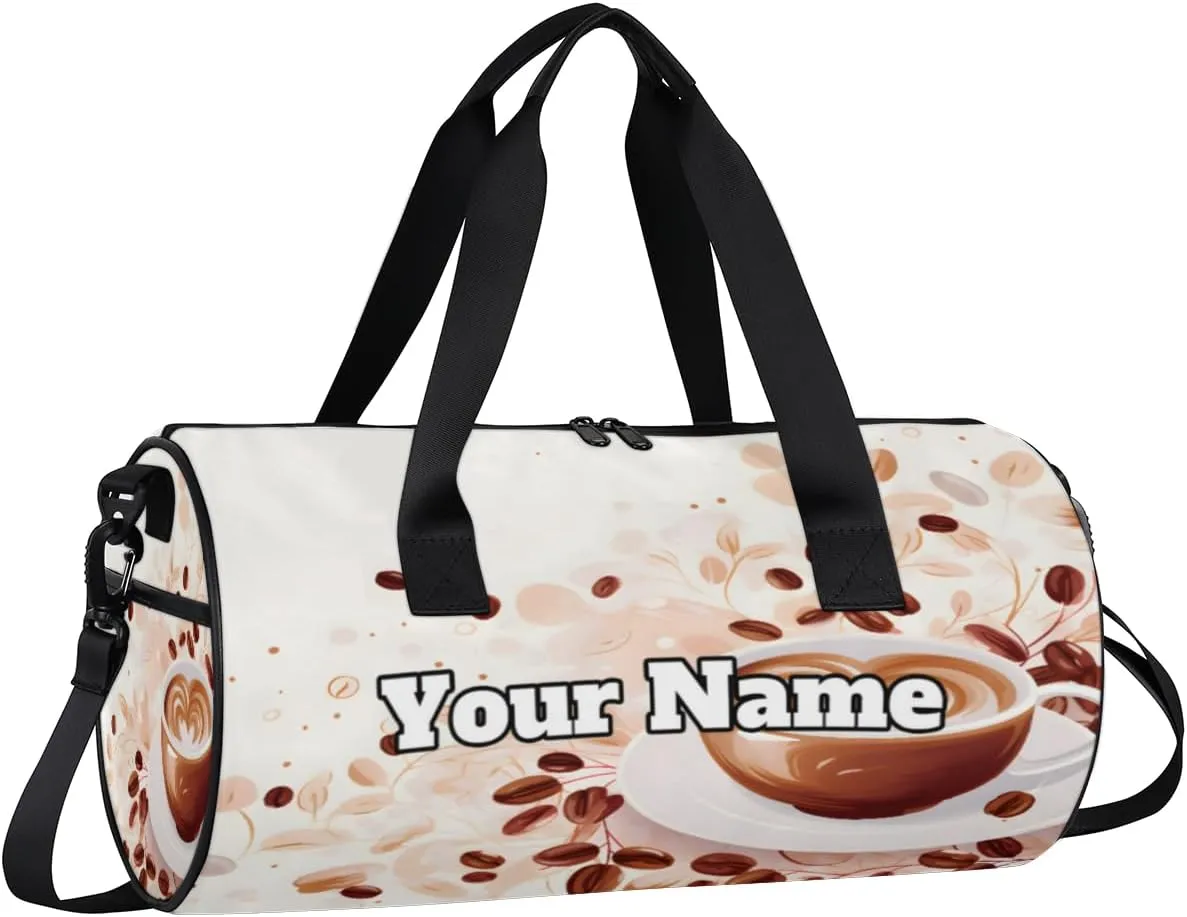 Custom Gym Bag for Women Men with Name, Personalized Cute Coffee Duffel Bag for Sports, Waterproof Dance Bag, Lightweight Carryon Gym Bag, Coffee