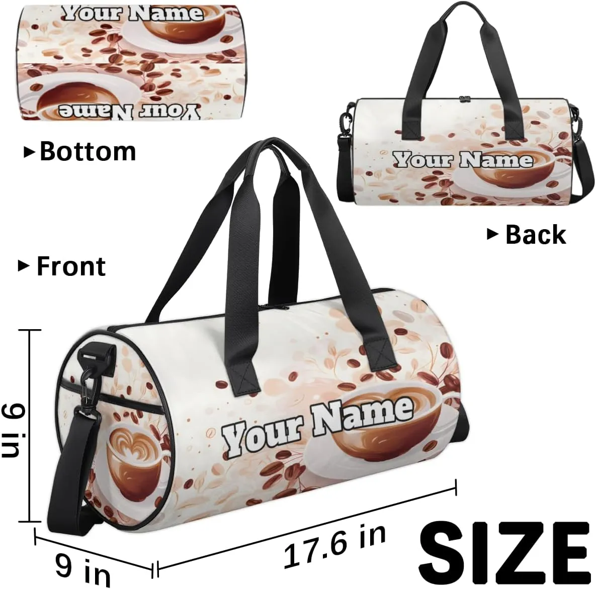 Custom Gym Bag for Women Men with Name, Personalized Cute Coffee Duffel Bag for Sports, Waterproof Dance Bag, Lightweight Carryon Gym Bag, Coffee
