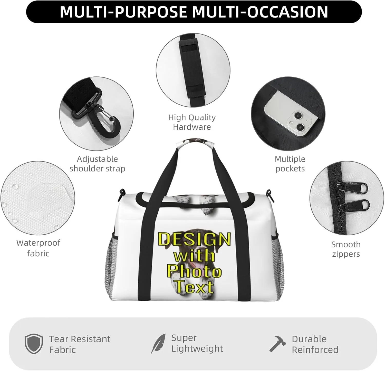 Custom Photo Big Capacity Sports Duffle Bag Customized Travel Gym Bag with Text Customize Personalized Unisex Weekender Workout Bag