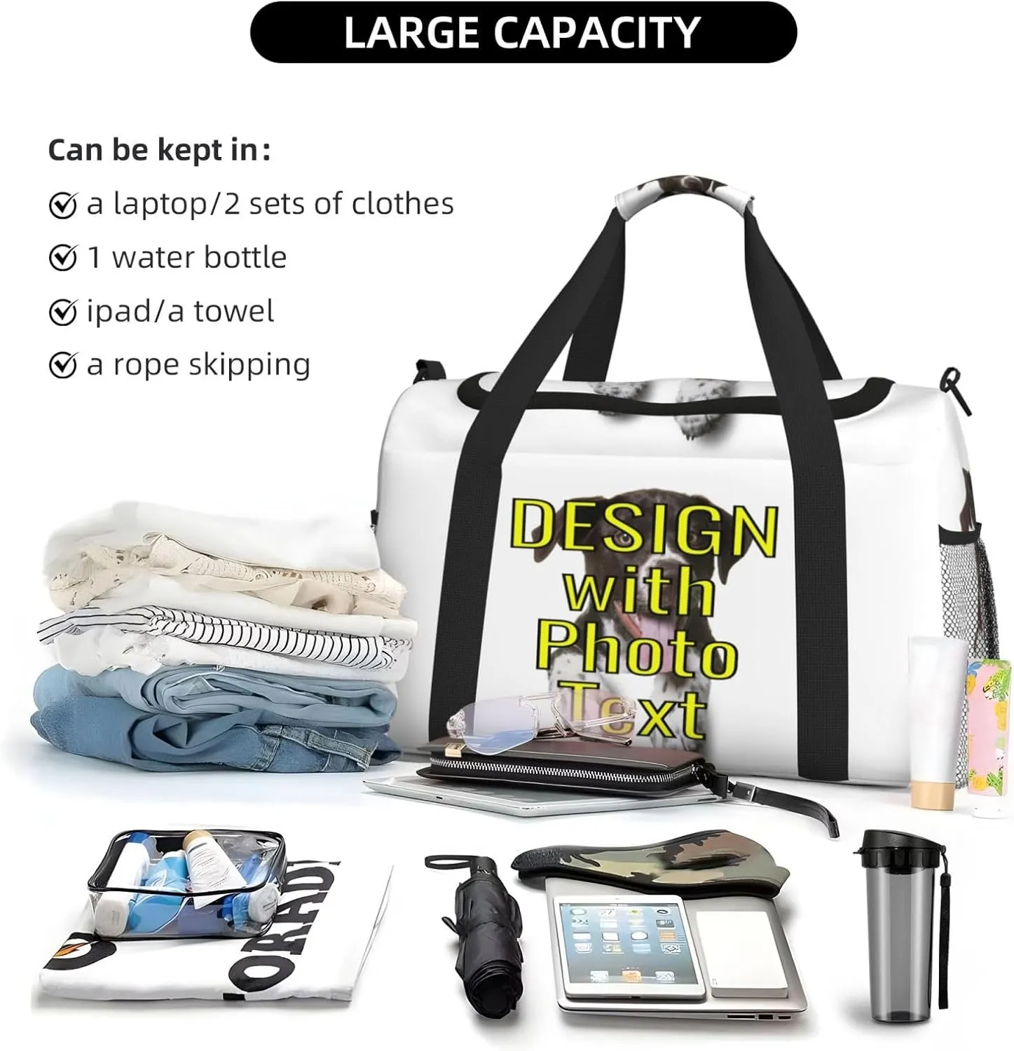Custom Photo Big Capacity Sports Duffle Bag Customized Travel Gym Bag with Text Customize Personalized Unisex Weekender Workout Bag