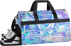 Custom Sport Duffel Bag with Name Butterfly Travel Overnight Bag with Shoes Compartment for Women Men Waterproof Dance Ballet Bag Lightweight, Blue