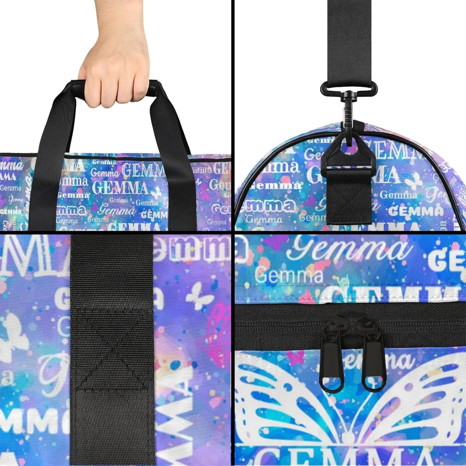 Custom Sport Duffel Bag with Name Butterfly Travel Overnight Bag with Shoes Compartment for Women Men Waterproof Dance Ballet Bag Lightweight, Blue