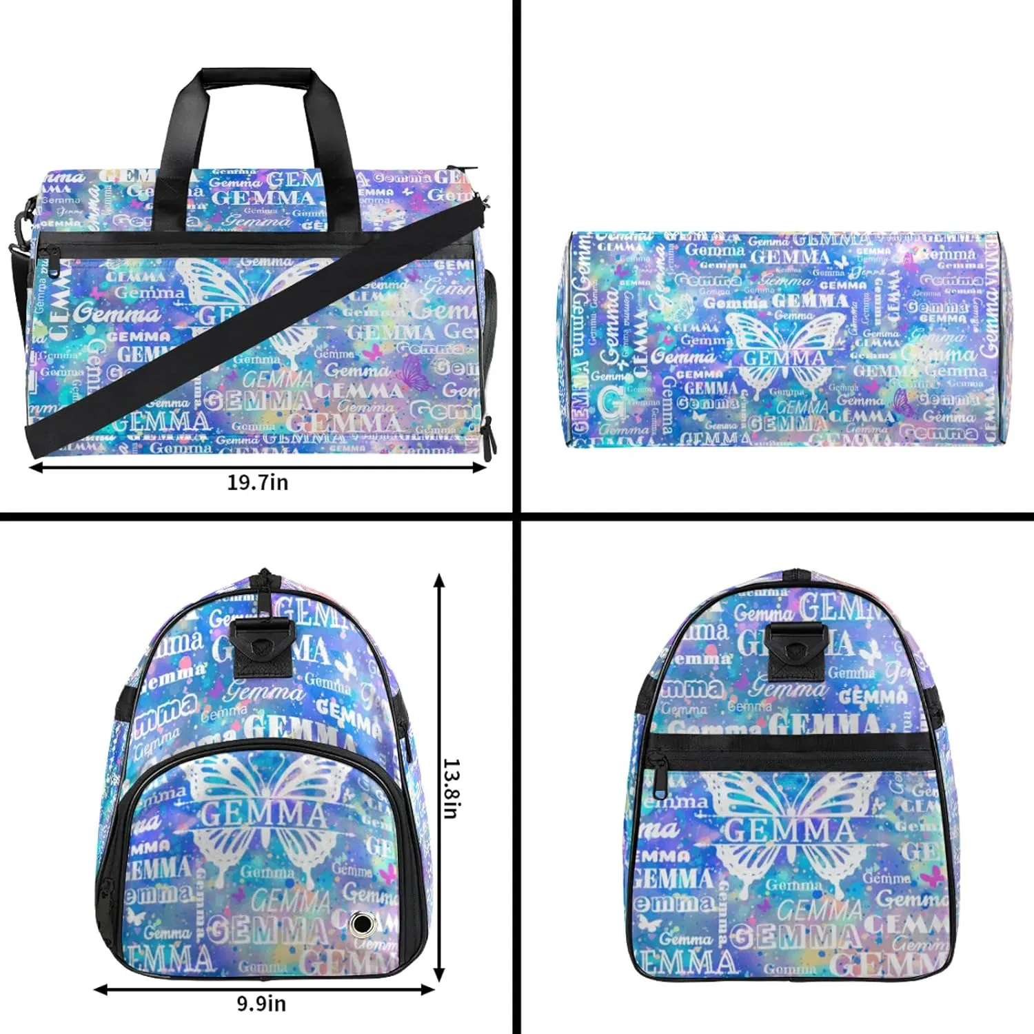 Custom Sport Duffel Bag with Name Butterfly Travel Overnight Bag with Shoes Compartment for Women Men Waterproof Dance Ballet Bag Lightweight, Blue