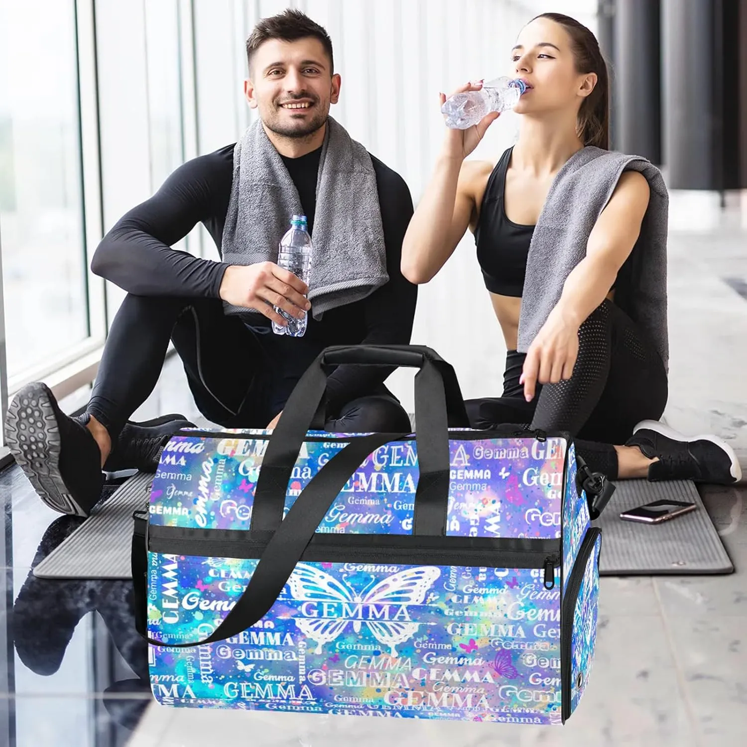 Custom Sport Duffel Bag with Name Butterfly Travel Overnight Bag with Shoes Compartment for Women Men Waterproof Dance Ballet Bag Lightweight, Blue