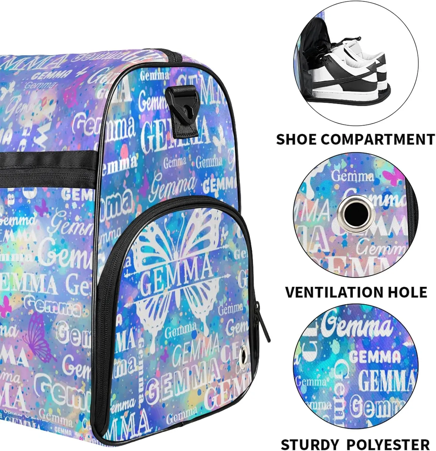 Custom Sport Duffel Bag with Name Butterfly Travel Overnight Bag with Shoes Compartment for Women Men Waterproof Dance Ballet Bag Lightweight, Blue