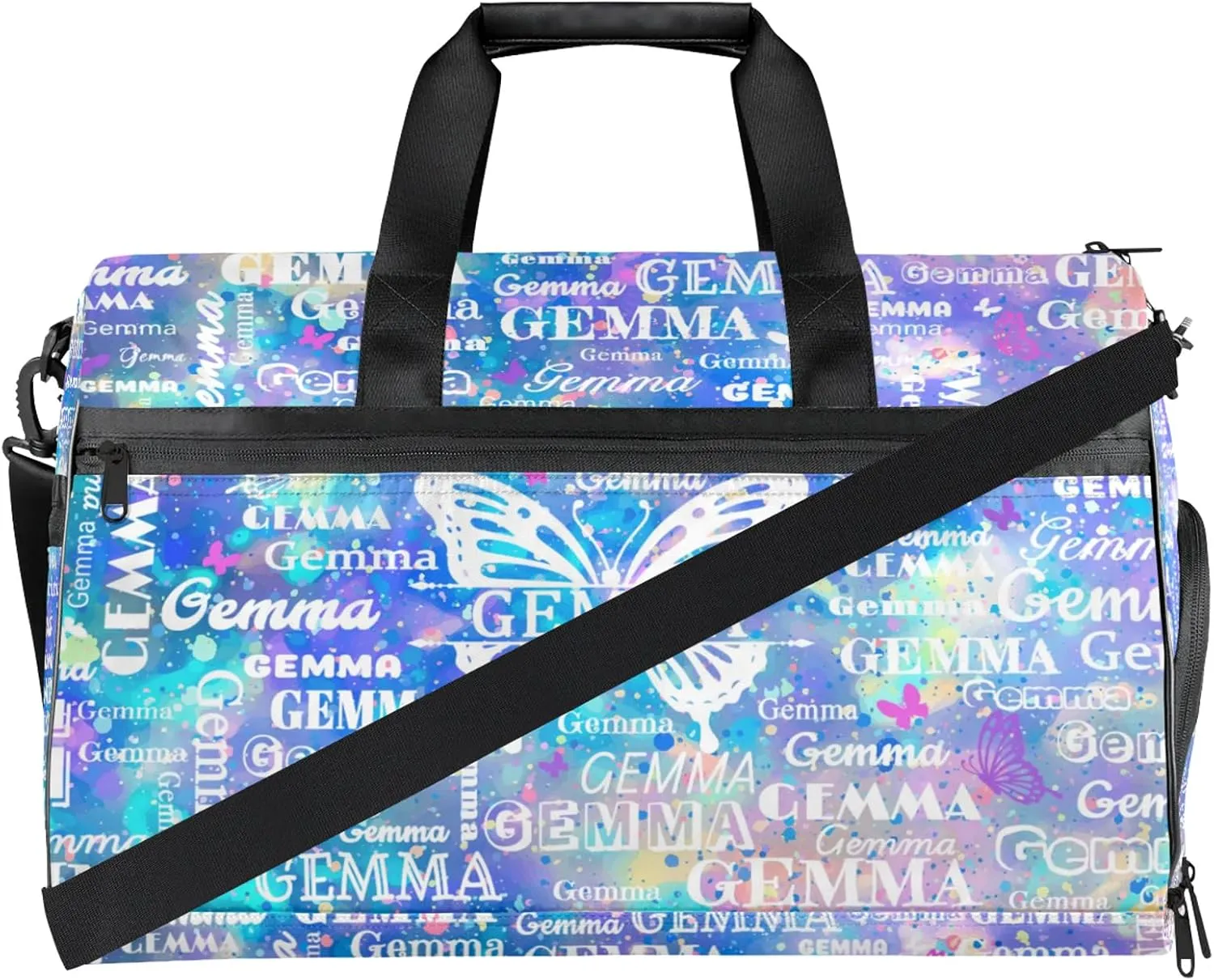 Custom Sport Duffel Bag with Name Butterfly Travel Overnight Bag with Shoes Compartment for Women Men Waterproof Dance Ballet Bag Lightweight, Blue