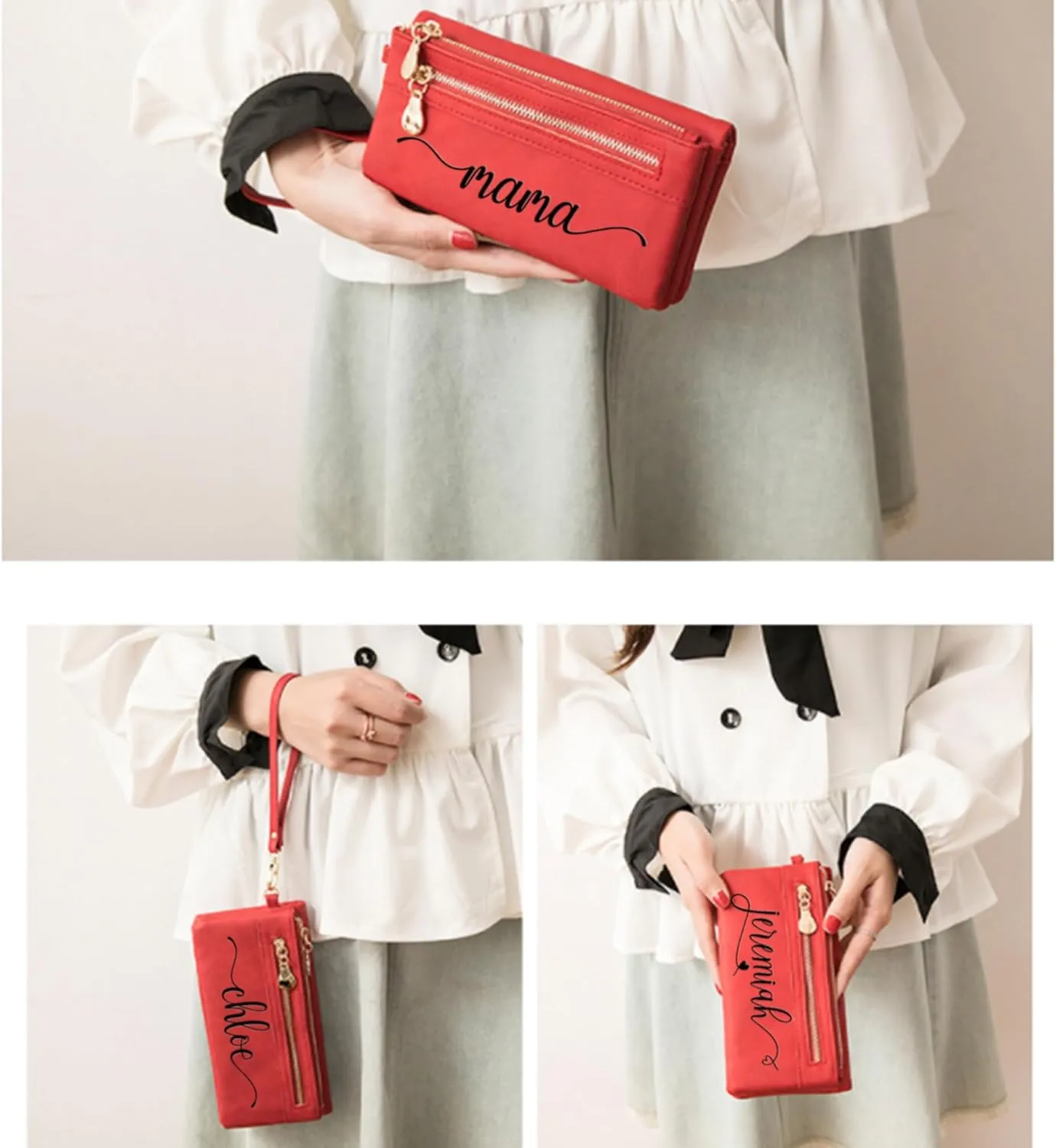 Custom Travel Three Zip Wristlet Wallet Purse Clutch with Credit Card Holder for Women Mothers Day Gifts (Red)