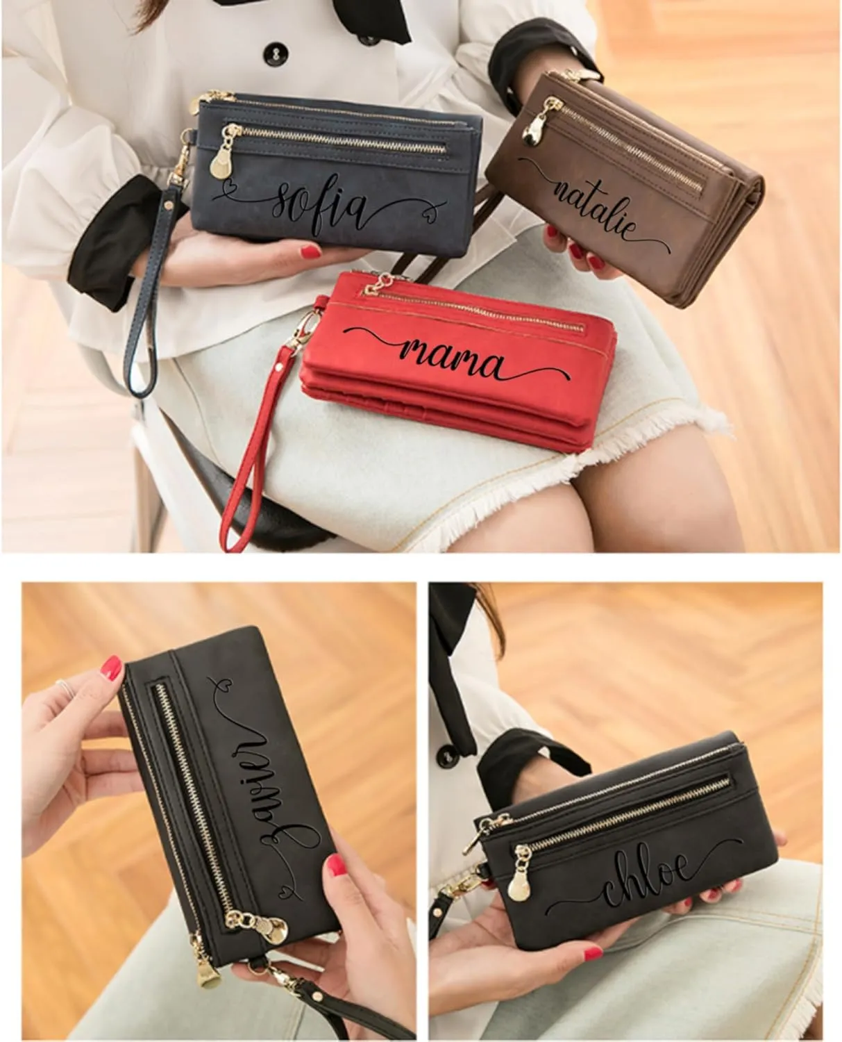 Custom Travel Three Zip Wristlet Wallet Purse Clutch with Credit Card Holder for Women Mothers Day Gifts (Red)