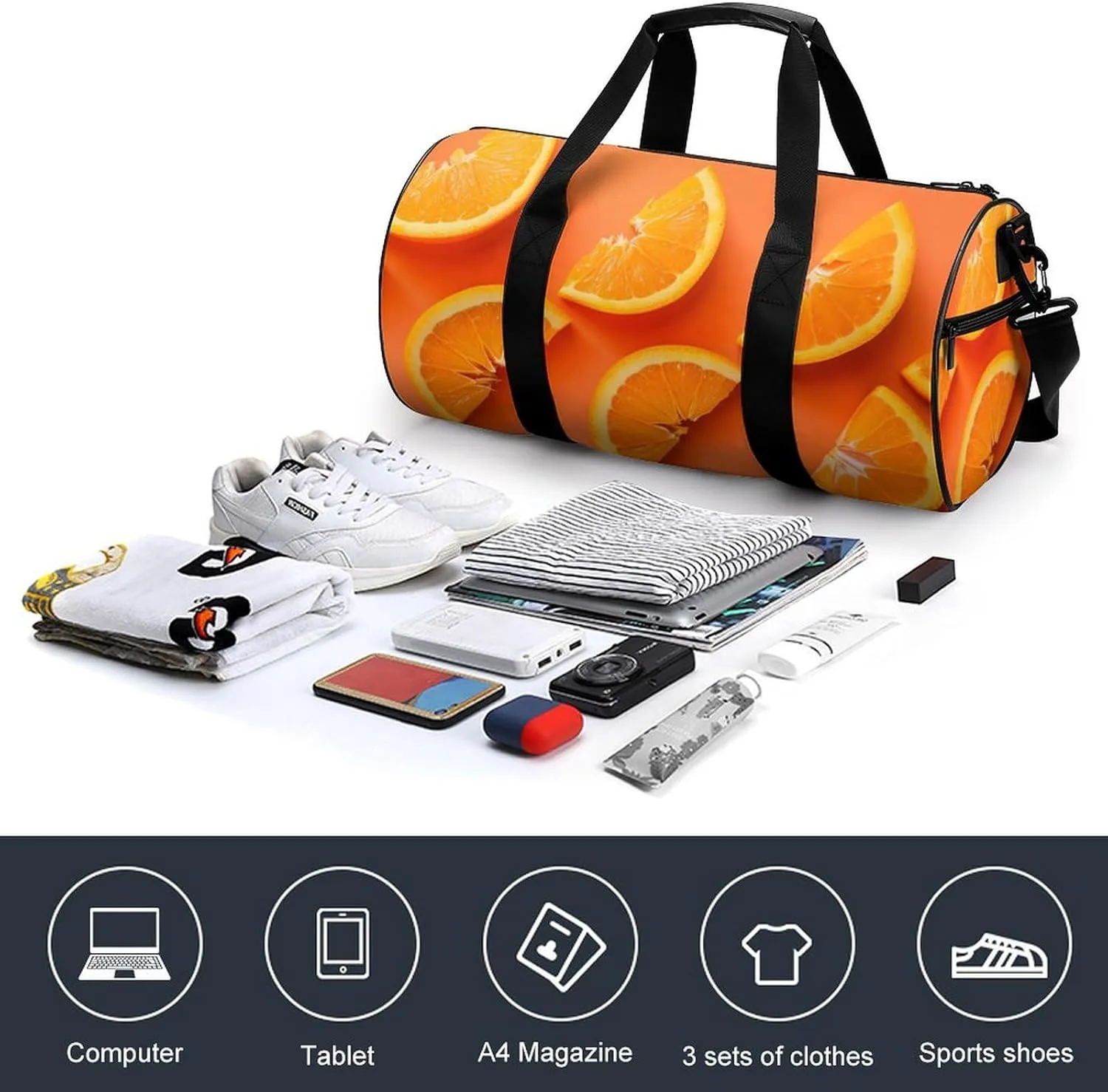 Cut Orange Slices Travel Gym Bag for Women Men Minimalist Cylindrical Duffle Bag Sport Workout Bag with Shoulder Strap
