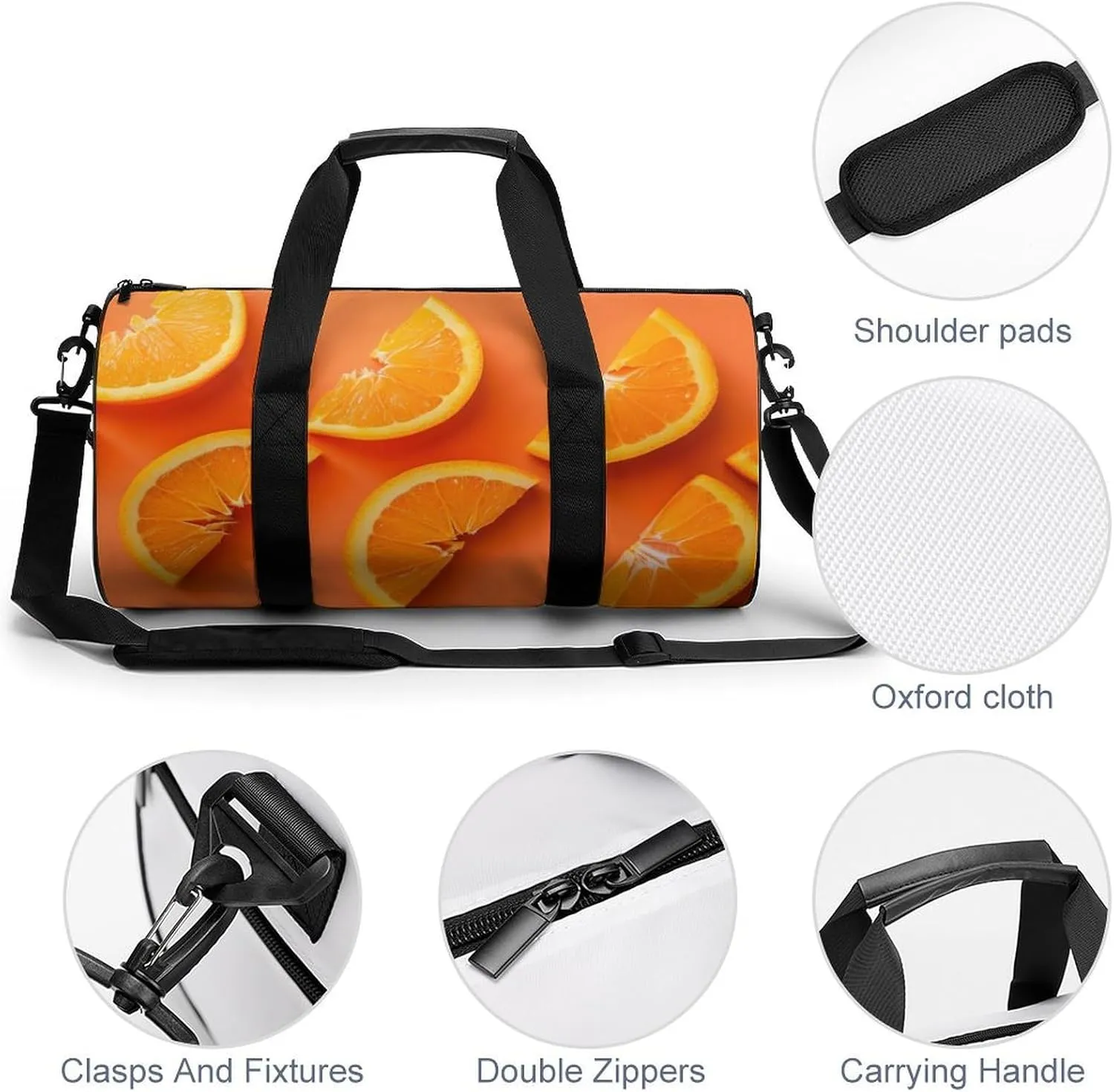 Cut Orange Slices Travel Gym Bag for Women Men Minimalist Cylindrical Duffle Bag Sport Workout Bag with Shoulder Strap