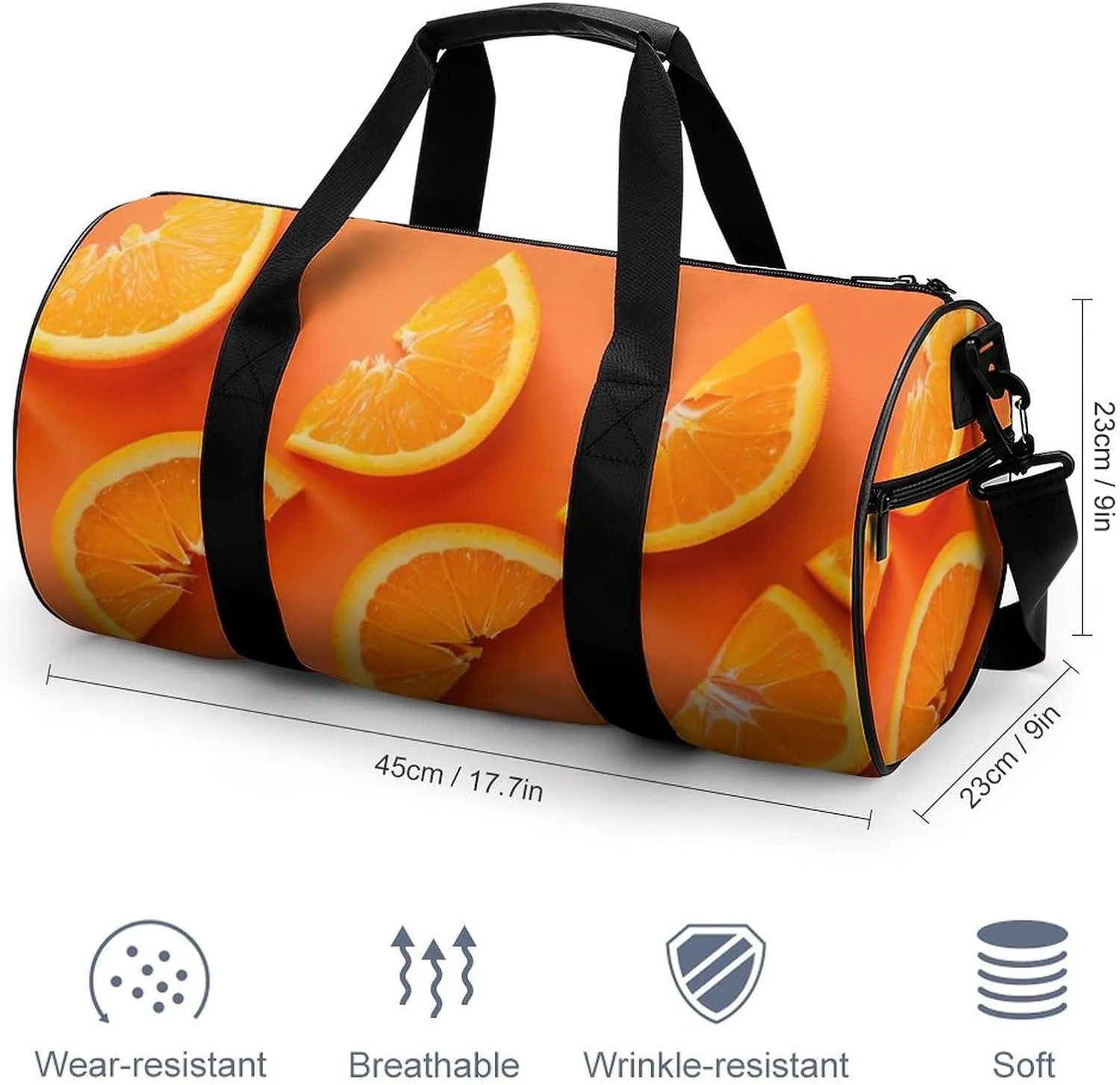 Cut Orange Slices Travel Gym Bag for Women Men Minimalist Cylindrical Duffle Bag Sport Workout Bag with Shoulder Strap