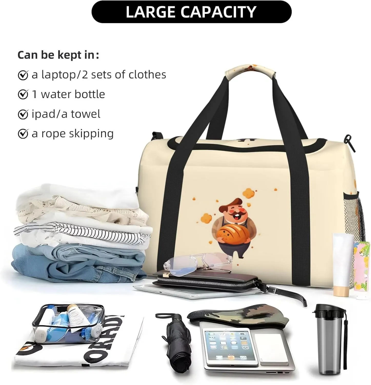Cute Bread with Chef Big Capacity Sports Gym Bag Portable Travel Duffle Bag, Lightweight Weekender Workout Bag for Overnight, Unisex