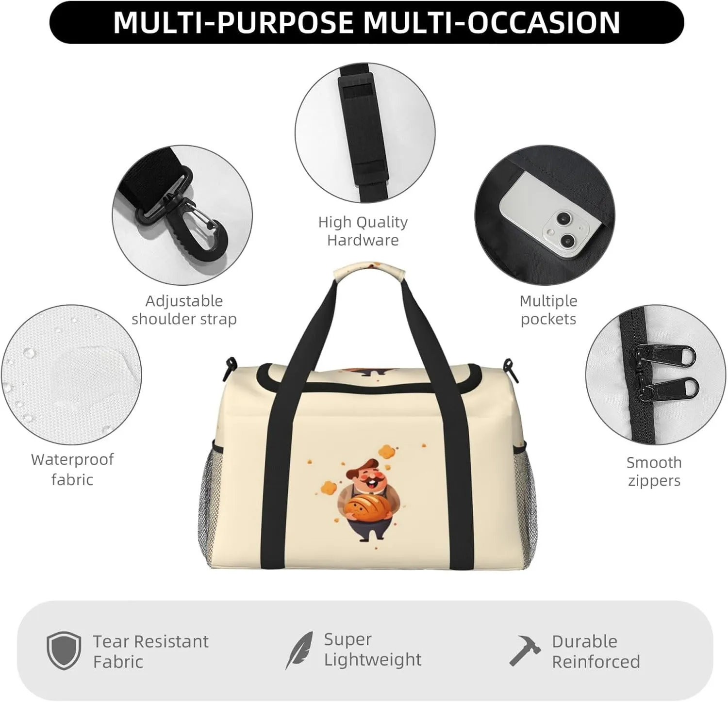 Cute Bread with Chef Big Capacity Sports Gym Bag Portable Travel Duffle Bag, Lightweight Weekender Workout Bag for Overnight, Unisex
