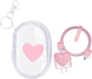 Cute Charging Cable Storage Case Set Cable Protector for Apple Charger with Clear Travel Cable Carrying Bag, Portable Storage Bag Cord Organizer for iPhone (Pink Love Heart)