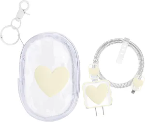 Cute Charging Cable Storage Case Set DIY Phone Cable Protector for Apple Charger with Clear Travel Cable Carrying Bag, Portable Storage Bag Cord Organizer for iPhone (White Love Heart)