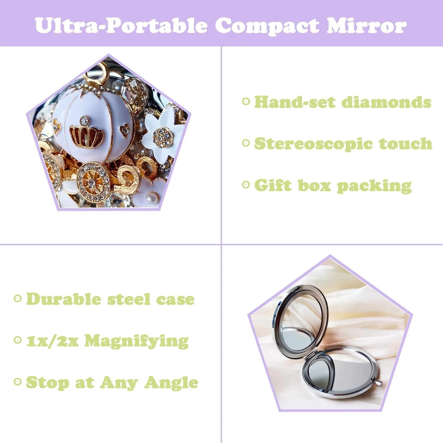 Cute Compact Mirror Pumpkin Coach Small Mirror Girl's Gift Travel Mirror 1x/2x Magnification Travel Makeup Mirror (Pumpkin Coach)