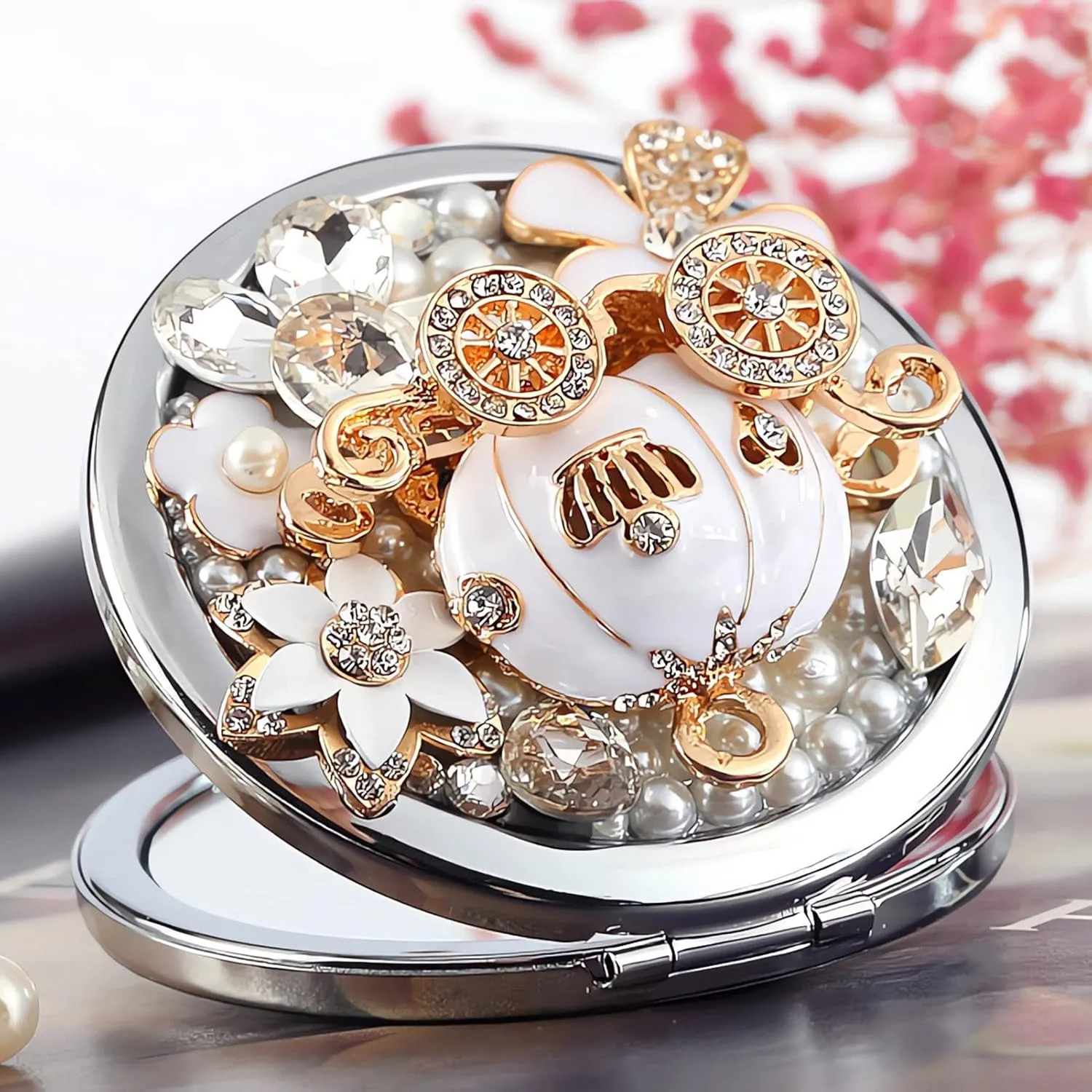 Cute Compact Mirror Pumpkin Coach Small Mirror Girl's Gift Travel Mirror 1x/2x Magnification Travel Makeup Mirror (Pumpkin Coach)