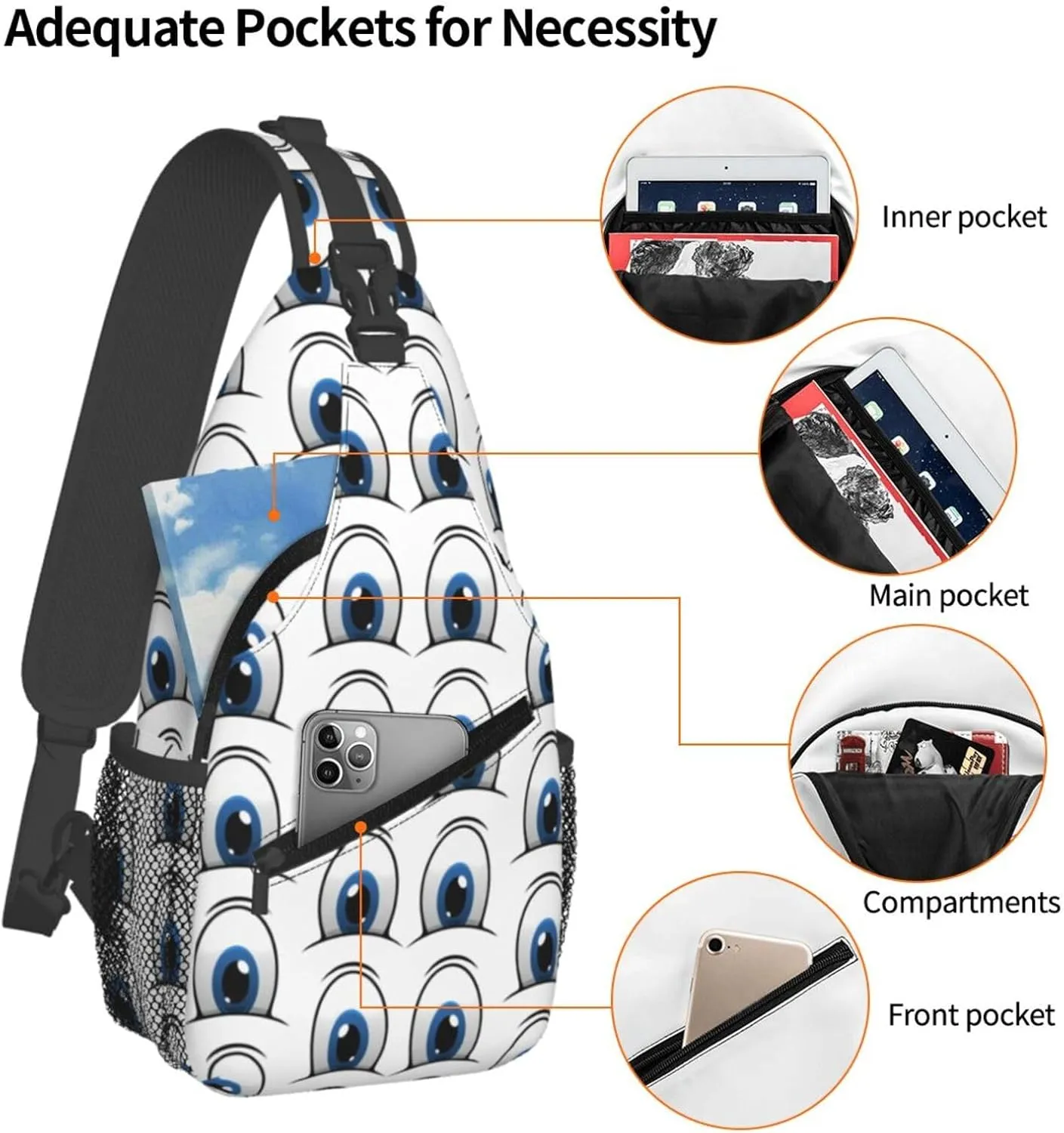 Cute Funny Cartoon Sketch Eyes Crossbody Bag Cross Chest Bag Adjustable Sling Backpack Sports Gym Shoulder Bags Travel Cycling Daypack Diagonally Casual Rucksack