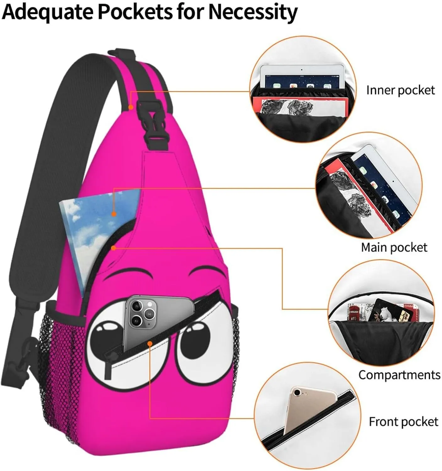 Cute Funny Cartoon Sketch Eyes Crossbody Bag Cross Chest Bag Adjustable Sling Backpack Sports Gym Shoulder Bags Travel Cycling Daypack Diagonally Casual Rucksack