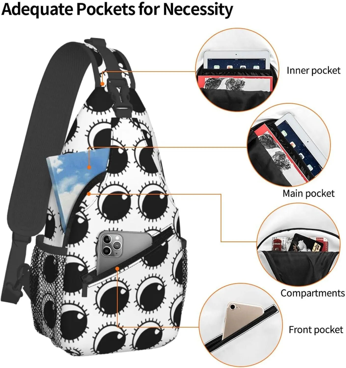Cute Funny Cartoon Sketch Eyes Crossbody Bag Cross Chest Bag Adjustable Sling Backpack Sports Gym Shoulder Bags Travel Cycling Daypack Diagonally Casual Rucksack