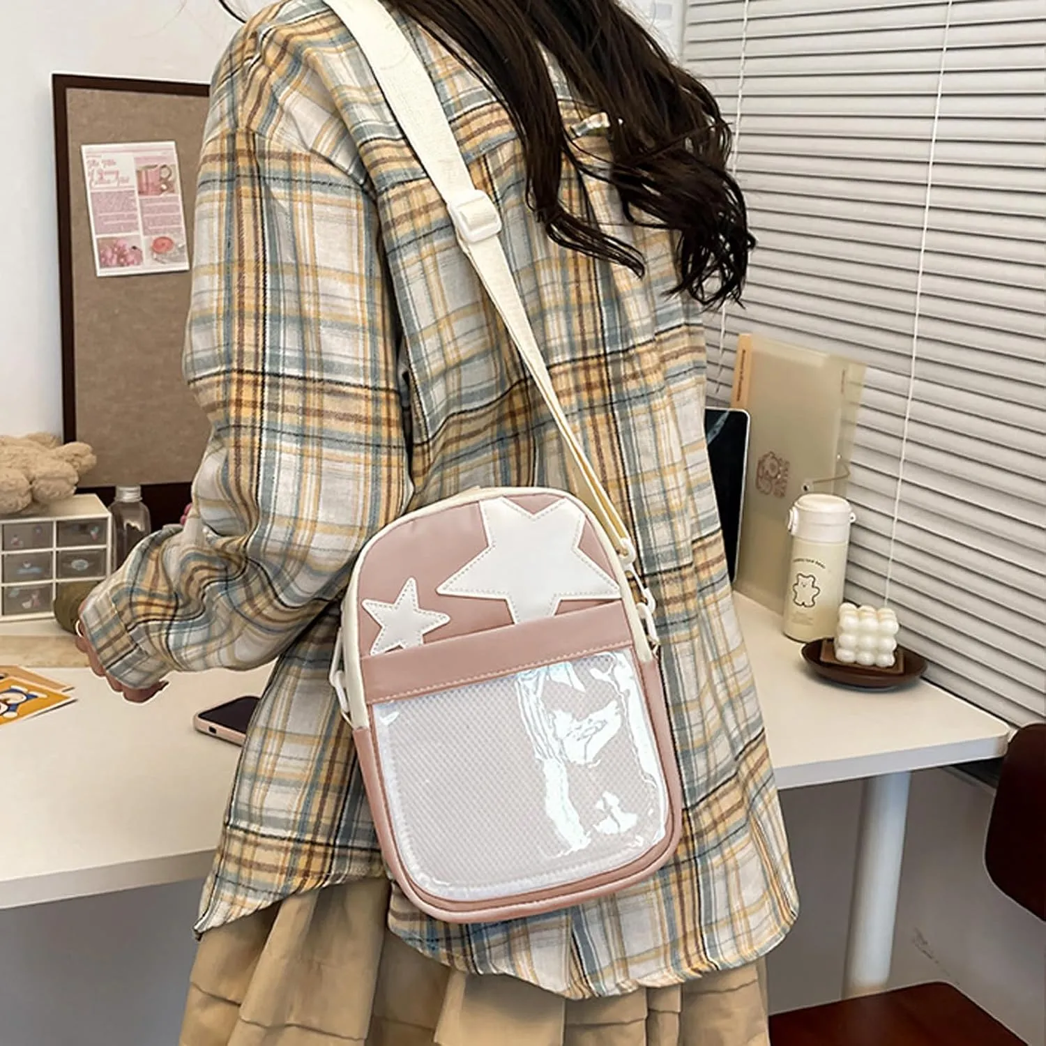Cute Ita Bag Y2K Crossbody Purse Pin Display Bag with Insert Double Straps Star Satchel Shoulder Bag for Women