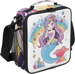 Cute Mermaid Lunch Bags for Women Men Rainbow Underwater Women Insulated Lunch Box Lunchbox Cooler Tote Bag Shoulder Strap Reusable Lunchbag for Work Travel Picnic