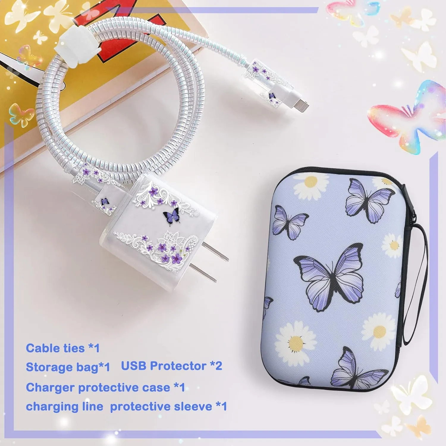 Cute Phone Charger Storage Case Set with Carrying Bag Purple Flowers Floral Butterfly pattern Cable Protector accessories Travel Cable Organizer,Earphone Charger Protector Cover Compatible for iPhone