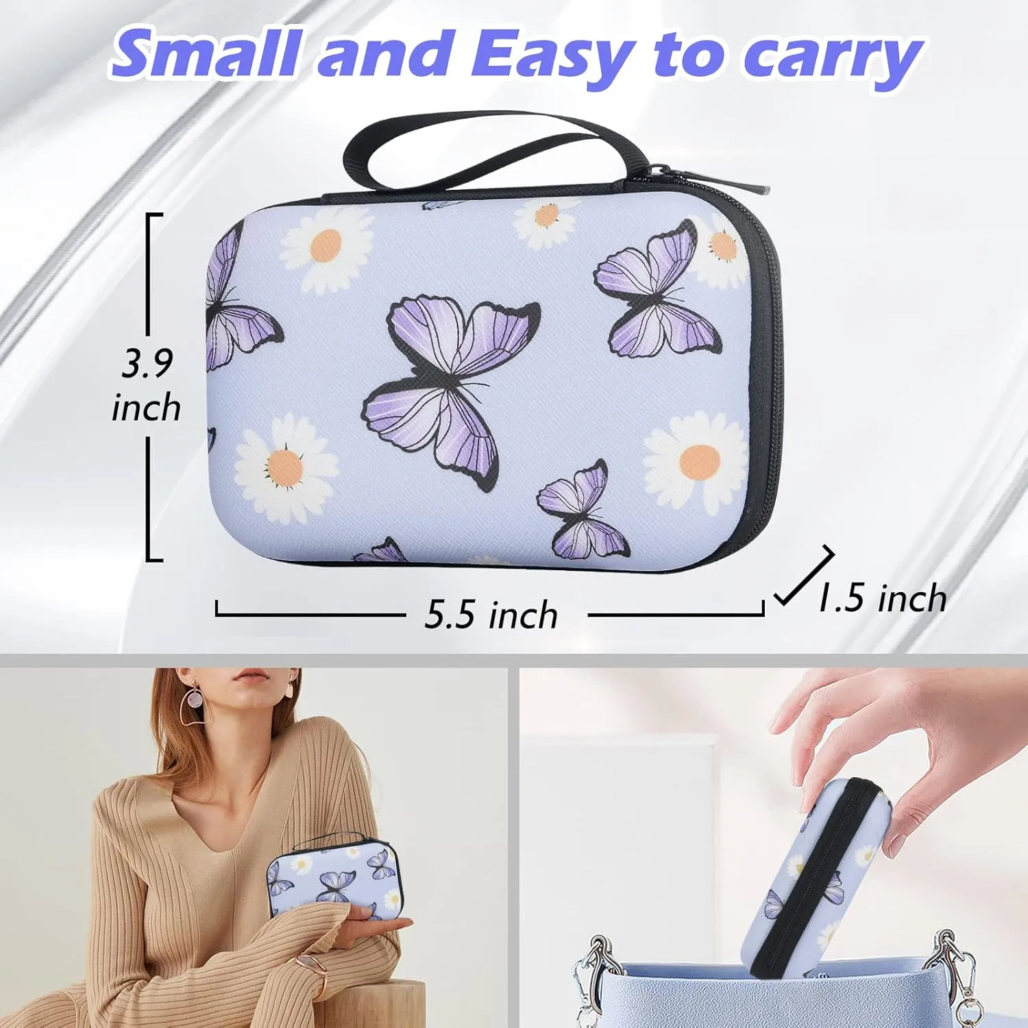 Cute Phone Charger Storage Case Set with Carrying Bag Purple Flowers Floral Butterfly pattern Cable Protector accessories Travel Cable Organizer,Earphone Charger Protector Cover Compatible for iPhone