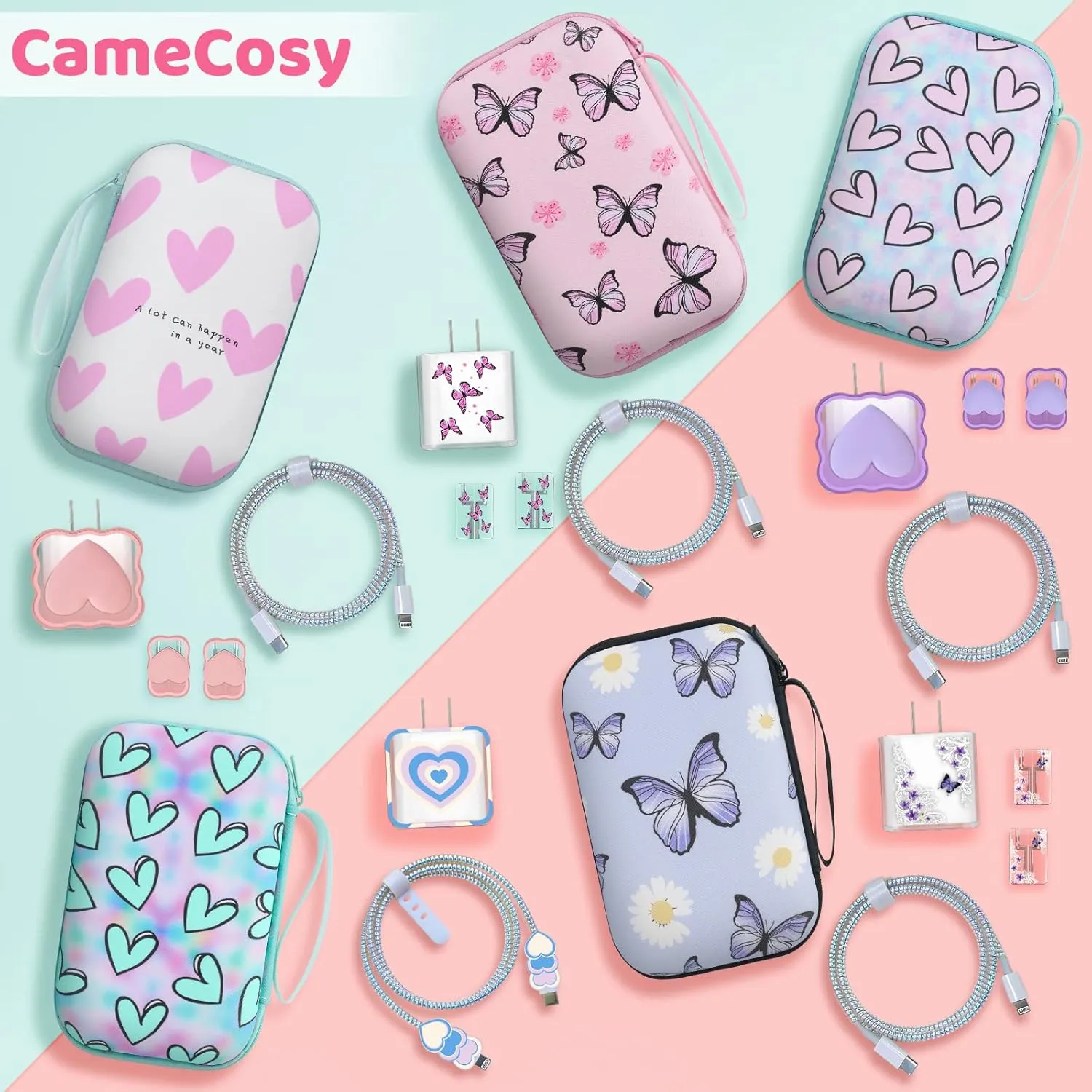 Cute Phone Charger Storage Case Set with Carrying Bag Purple Flowers Floral Butterfly pattern Cable Protector accessories Travel Cable Organizer,Earphone Charger Protector Cover Compatible for iPhone