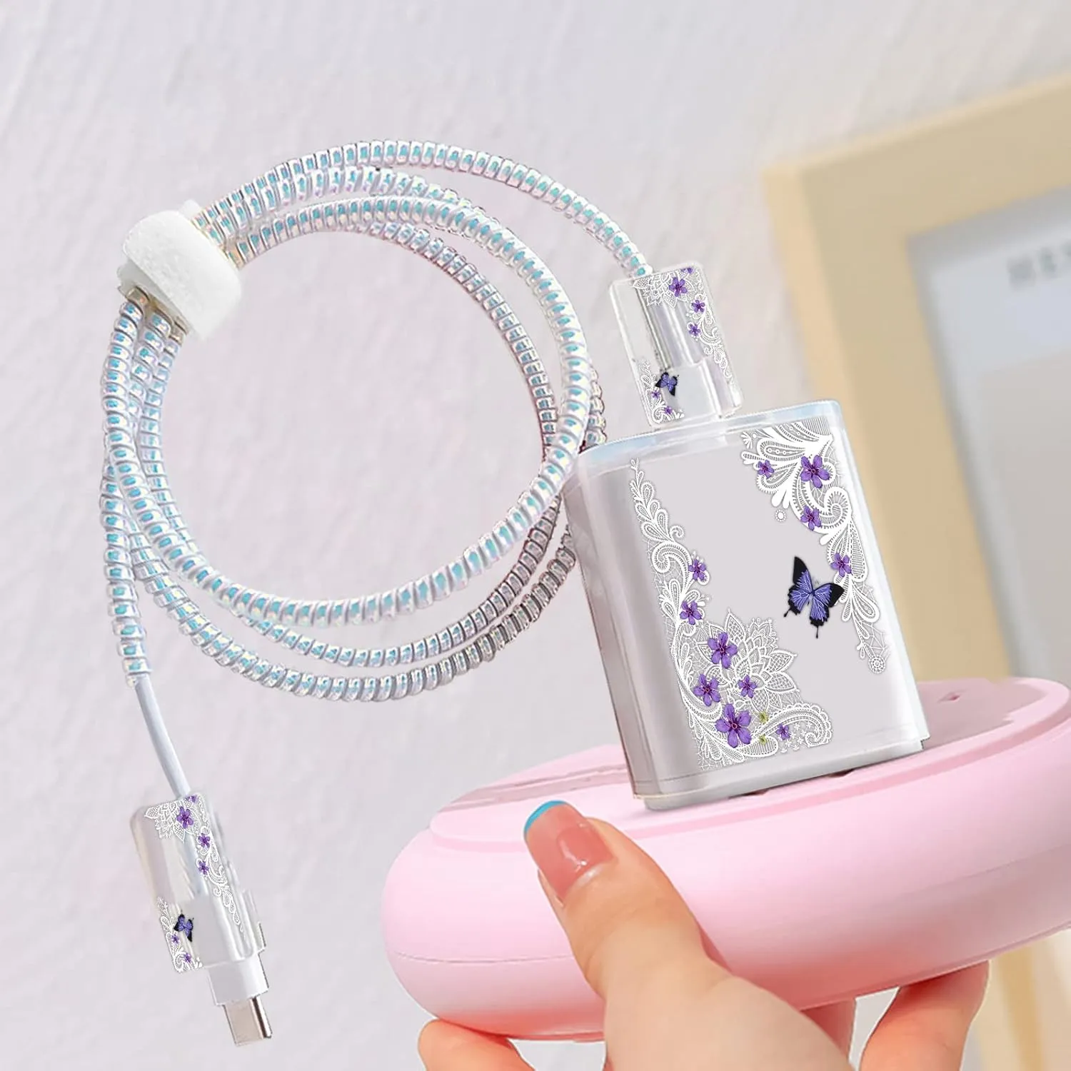 Cute Phone Charger Storage Case Set with Carrying Bag Purple Flowers Floral Butterfly pattern Cable Protector accessories Travel Cable Organizer,Earphone Charger Protector Cover Compatible for iPhone