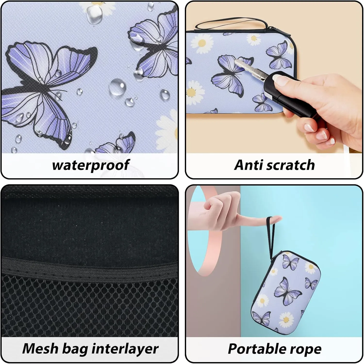 Cute Phone Charger Storage Case Set with Carrying Bag Purple Flowers Floral Butterfly pattern Cable Protector accessories Travel Cable Organizer,Earphone Charger Protector Cover Compatible for iPhone