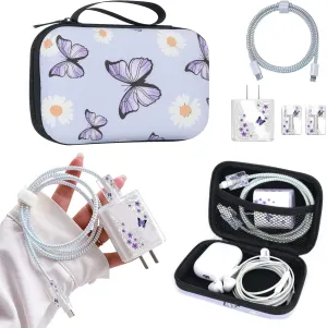 Cute Phone Charger Storage Case Set with Carrying Bag Purple Flowers Floral Butterfly pattern Cable Protector accessories Travel Cable Organizer,Earphone Charger Protector Cover Compatible for iPhone