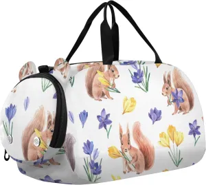 Cute Squirrel and Bright Crocus Gym Travel Duffel Bag with Shoe Compartment for Boys Girls - Gymnastics Sports Dance Football Travel Bag Teens Weekender Sleepover