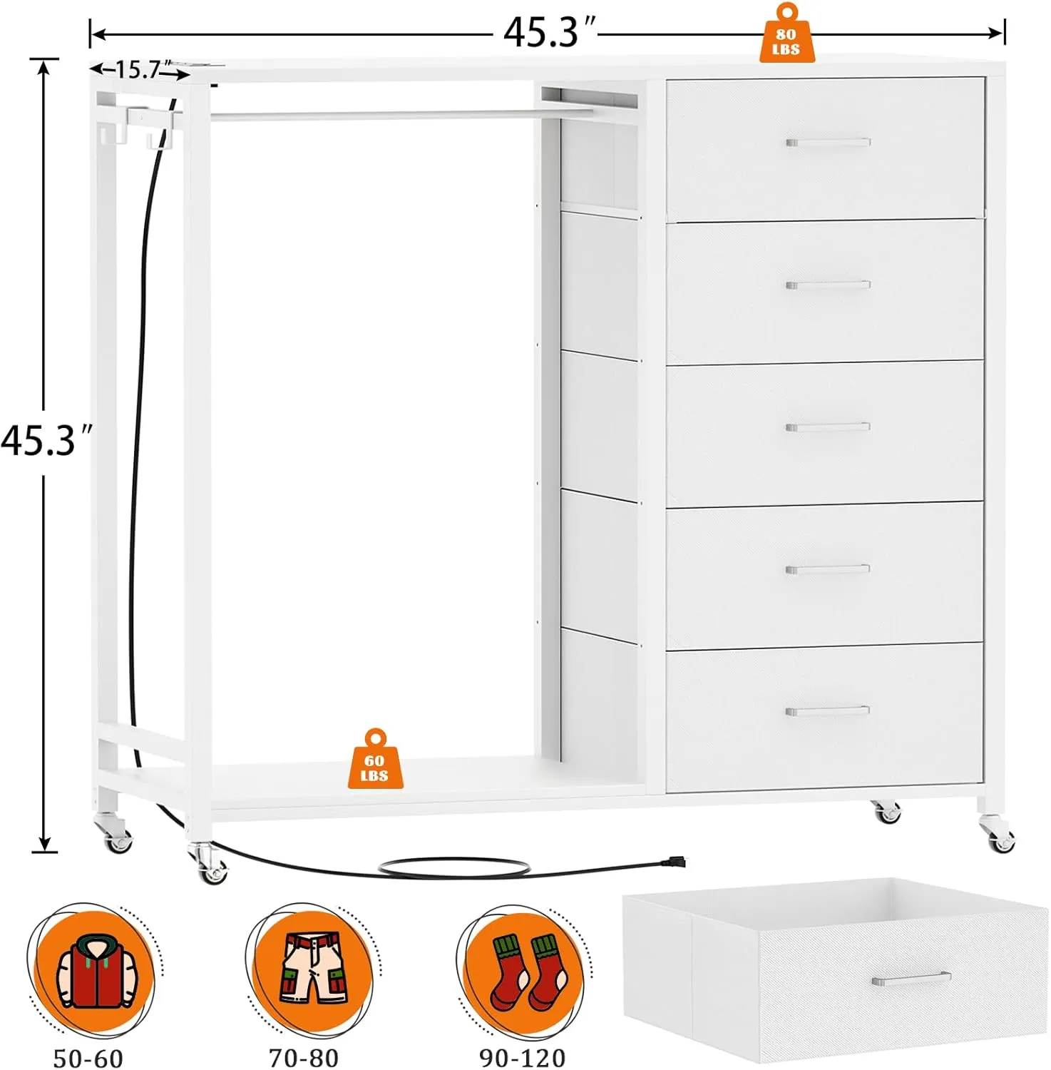 Cyclysio Dresser for Bedroom with Clothes Rack, 5 Drawers Dresser with Charging Station & LED Lights, White Storage Chest of Drawers with Wheels, Wooden Top, Lockable Wheels, Bedroom, Closet, White