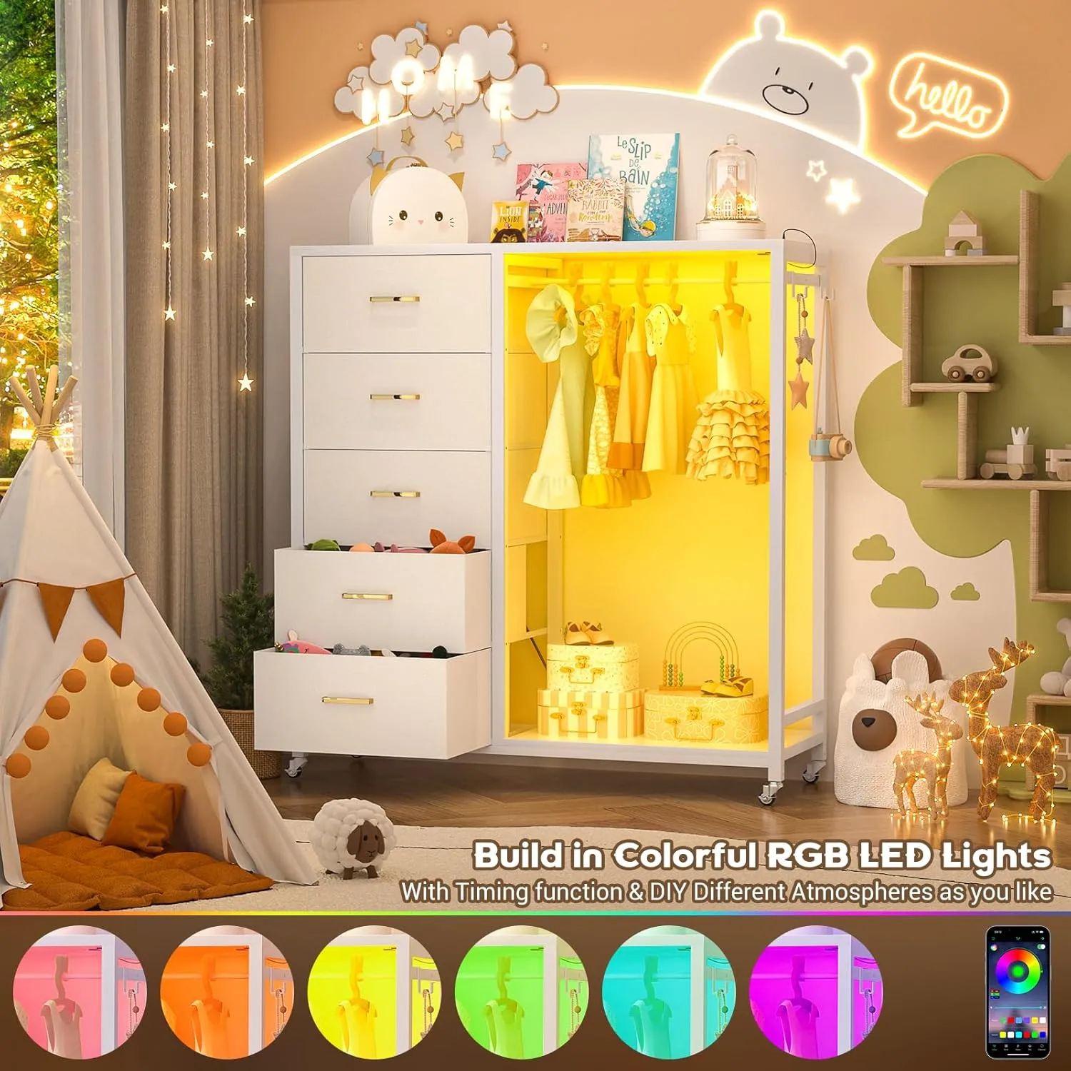 Cyclysio Dresser for Bedroom with Clothes Rack, 5 Drawers Dresser with Charging Station & LED Lights, White Storage Chest of Drawers with Wheels, Wooden Top, Lockable Wheels, Bedroom, Closet, White
