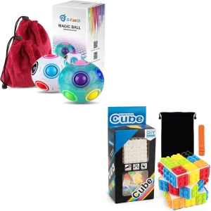 D-FantiX 2Pcs Rainbow Puzzle Ball, Brain Teasers Fidget Toys for Kids Ages 3-10 & Building Brick Blocks 3x3x3 Speed Cube Toy