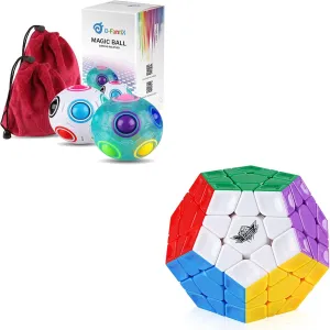 D-FantiX 2Pcs Rainbow Puzzle Ball, Brain Teasers Fidget Toys for Kids Ages 3-10 & Cyclone Boys 3x3 Megaminx Stickerless Speed Cube