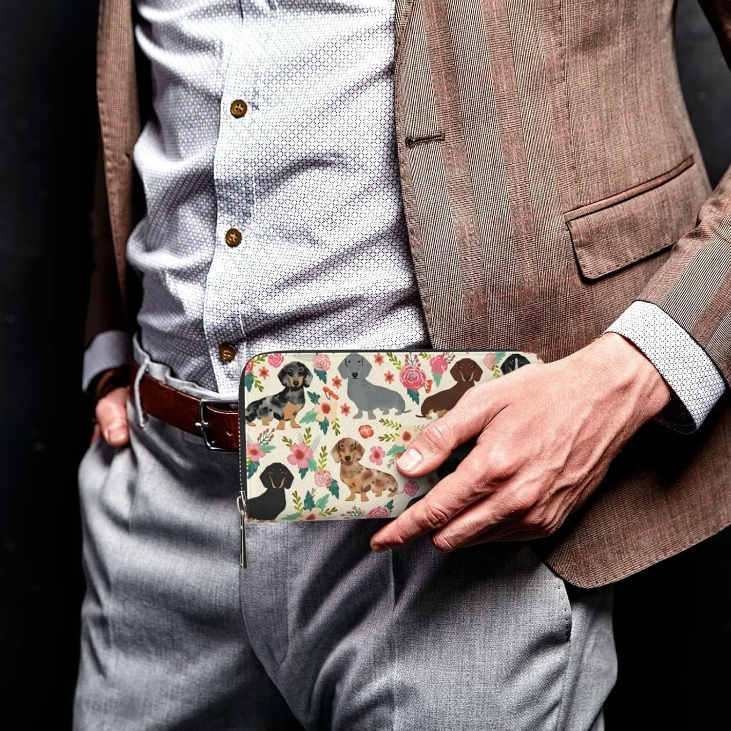 Dachshund Sausage Dogs Pink Flowers Print Wallet for Men Women Elegant Long Clutch Zip Around Travel Leather Coin Purse Large Capacity Credit Card Holder Handbag