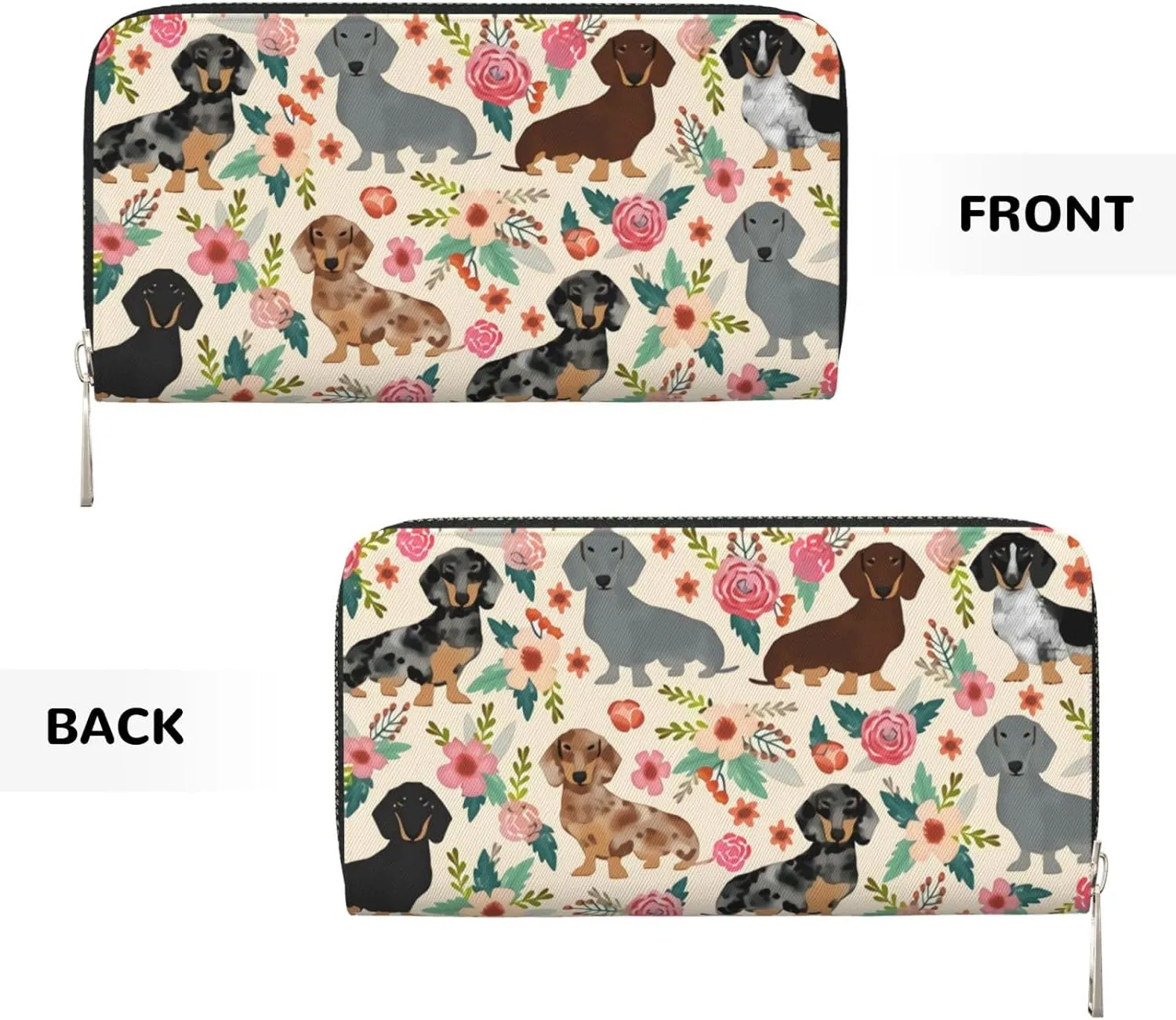 Dachshund Sausage Dogs Pink Flowers Print Wallet for Men Women Elegant Long Clutch Zip Around Travel Leather Coin Purse Large Capacity Credit Card Holder Handbag