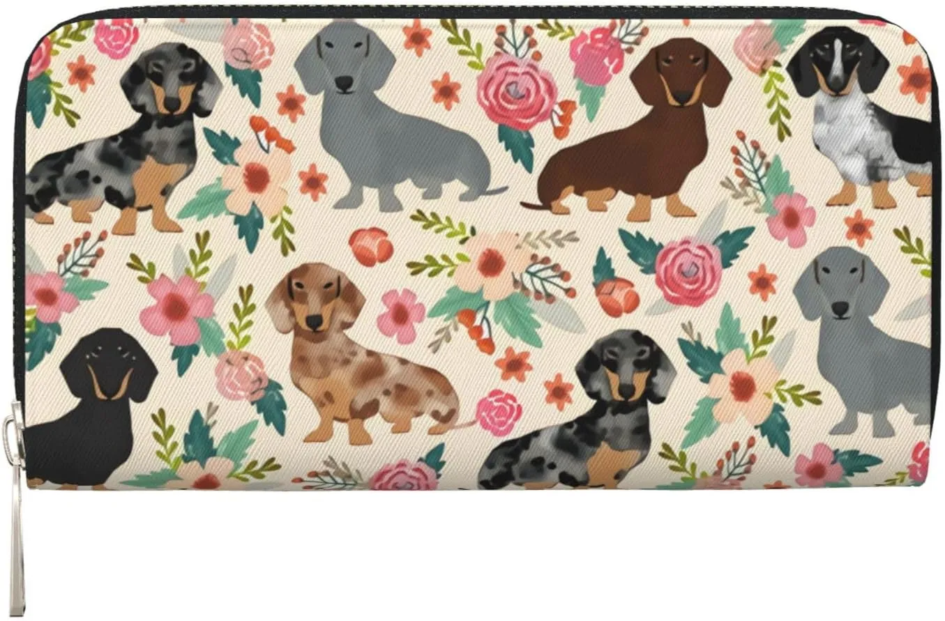 Dachshund Sausage Dogs Pink Flowers Print Wallet for Men Women Elegant Long Clutch Zip Around Travel Leather Coin Purse Large Capacity Credit Card Holder Handbag